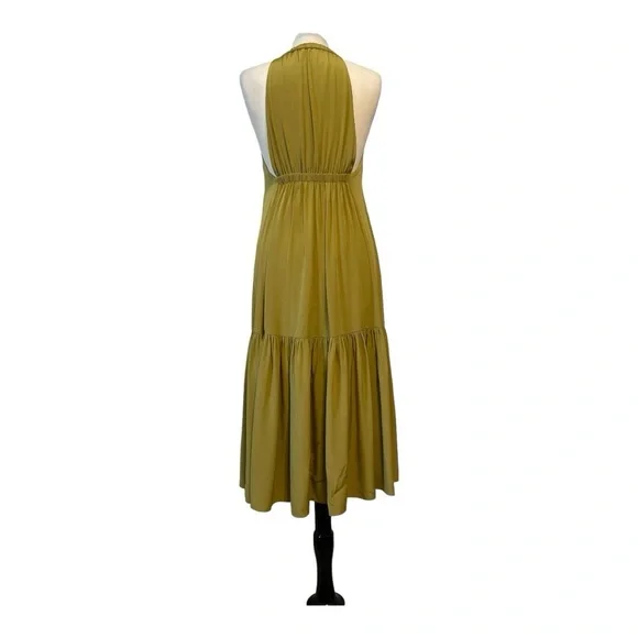 Tibi 100% Silk Eco Halter Drop Waist Ruched Midi Dress Tan Ochre Green size 4 - Picture 3 of 10